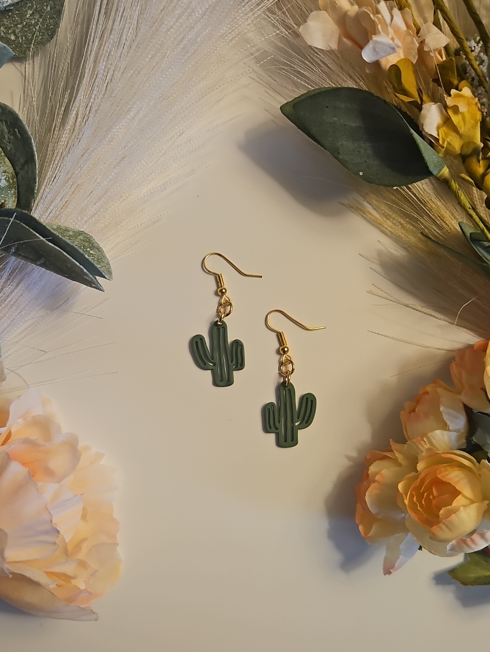 Gold & Green Cactus Drop Earrings